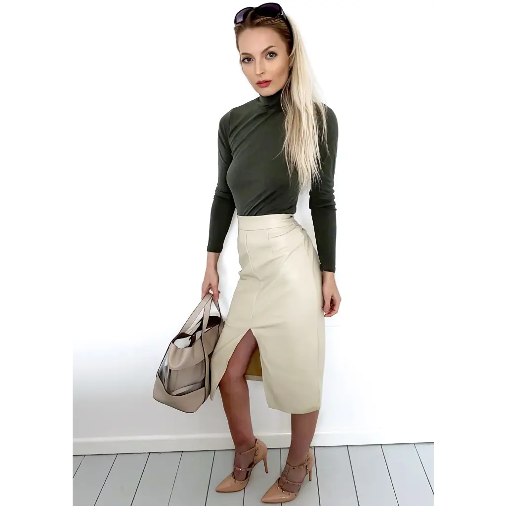 Beige Faux Leather High Waisted Midi Skirt – Freespiritsfashion