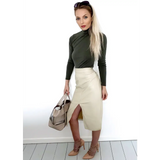 Beige Faux Leather High Waisted Midi Skirt - Skirts