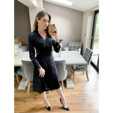 Black Satin Wrap Midi Dress With Buckle - Dresses