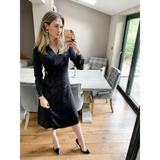 Black Satin Wrap Midi Dress With Buckle - Dresses