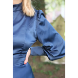 BLUE KEYHOLE LONG SLEEVE MIDI DRESS