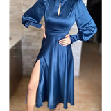 BLUE KEYHOLE LONG SLEEVE MIDI DRESS