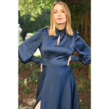 BLUE KEYHOLE LONG SLEEVE MIDI DRESS