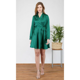 Emerald Green Wrap Style Dress with Long Sleeves - Dresses