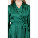 Emerald Green Wrap Style Dress with Long Sleeves - Dresses